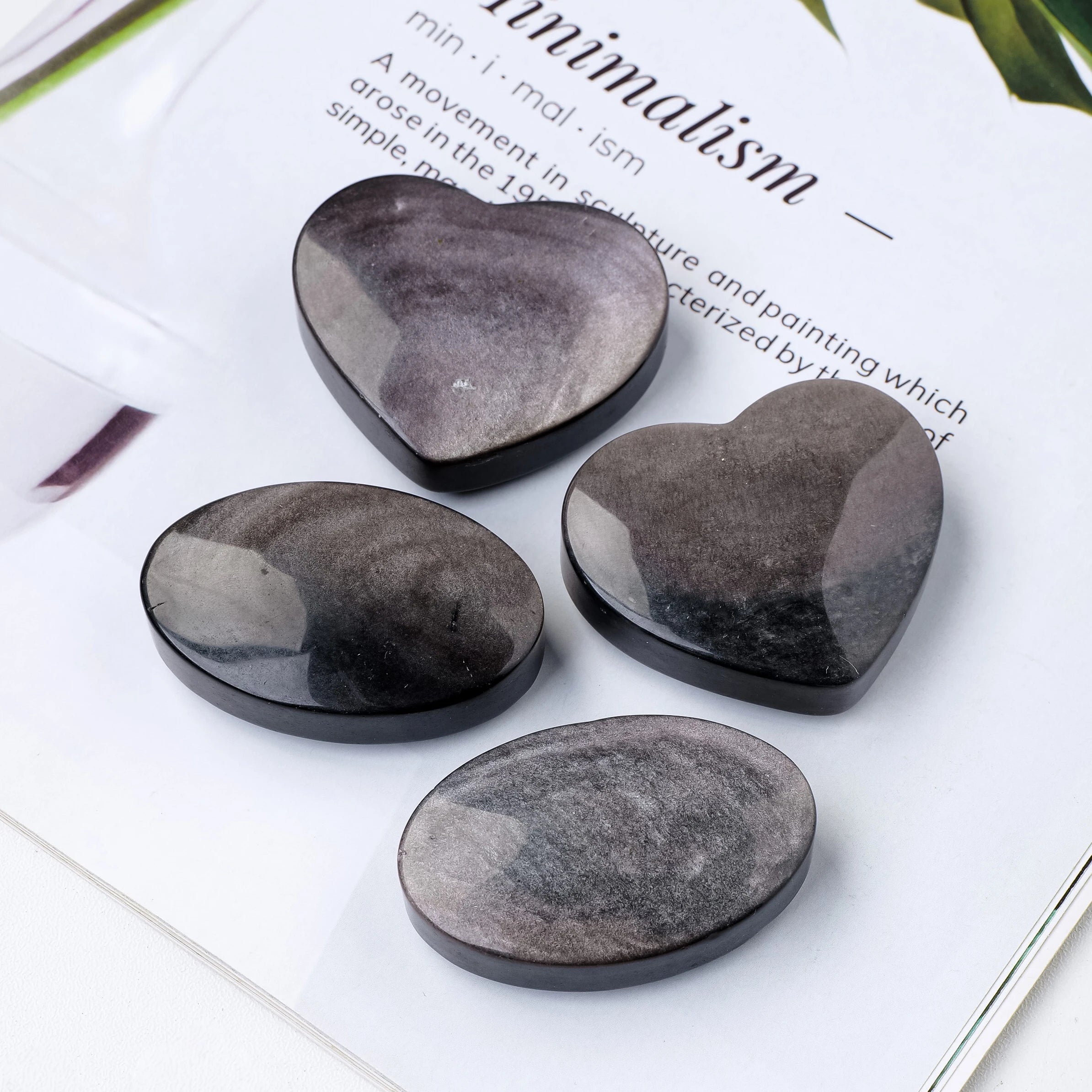 1PC Natural Crystal Silver Obsidian Heart Worry Pocket Palm Stone Healing Energy Gemstone Therapy Geometry Chakra Balancing