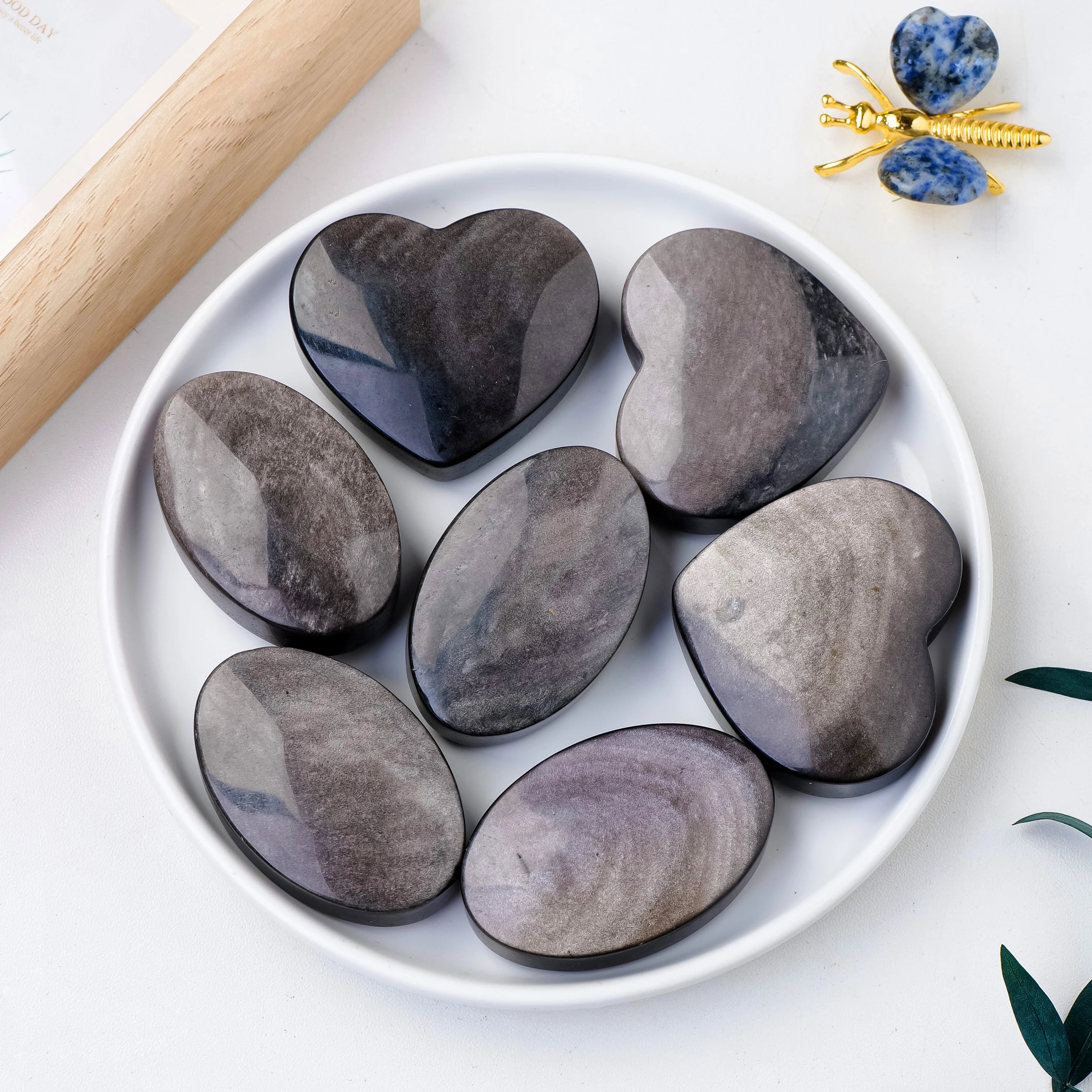 1PC Natural Crystal Silver Obsidian Heart Worry Pocket Palm Stone Healing Energy Gemstone Therapy Geometry Chakra Balancing