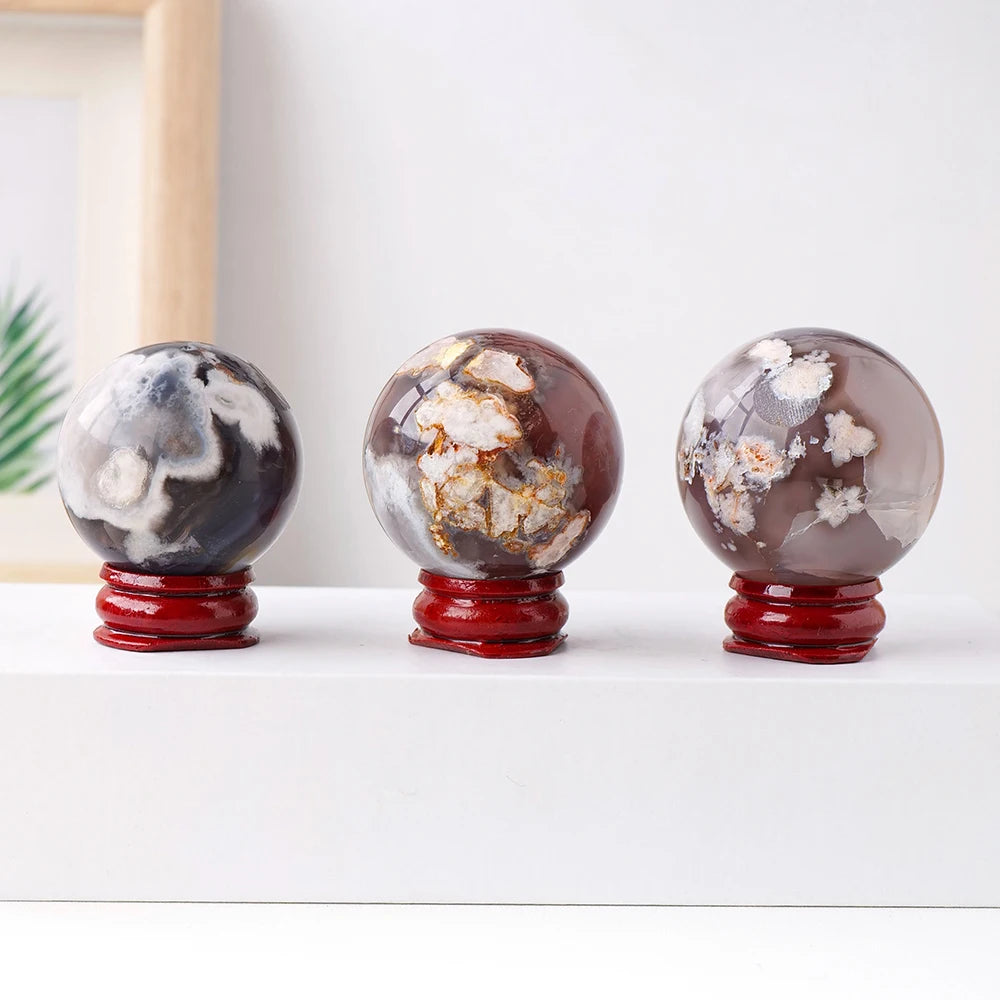 1PC Natural Crystal Stone Black Cherry Blossom Agate Crystal Sphere Energy Ball Home Decoration