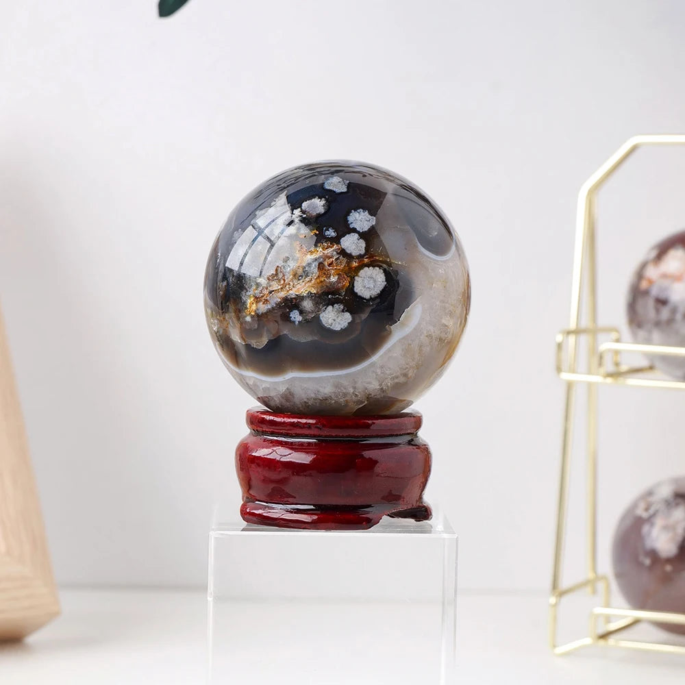 1PC Natural Crystal Stone Black Cherry Blossom Agate Crystal Sphere Energy Ball Home Decoration