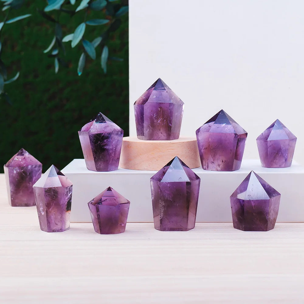 1PC Natural Crystal Stone Purple Quartz Brazil Amethyst Crystal Tower Pyramid Decorations Reiki Healing Meditation Balancing