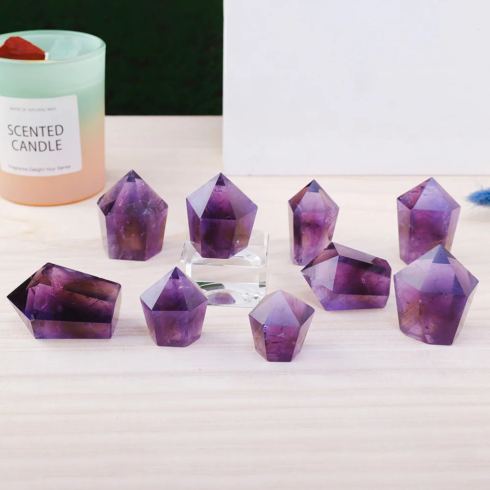 1PC Natural Crystal Stone Purple Quartz Brazil Amethyst Crystal Tower Pyramid Decorations Reiki Healing Meditation Balancing