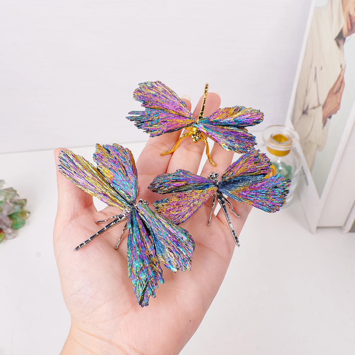 1PC Natural Crystal Stone Reiki Gemtone Healing Aura Tourmaline Colorful Flame Butterfly Animal Statue Home Garden Decorations