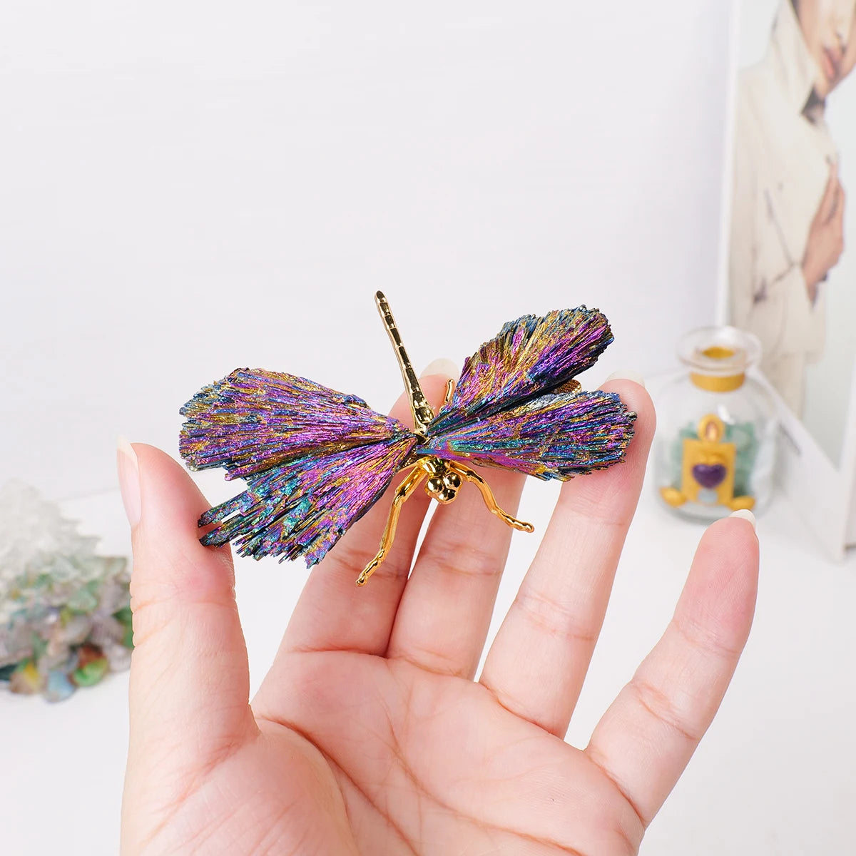 1PC Natural Crystal Stone Reiki Gemtone Healing Aura Tourmaline Colorful Flame Butterfly Animal Statue Home Garden Decorations