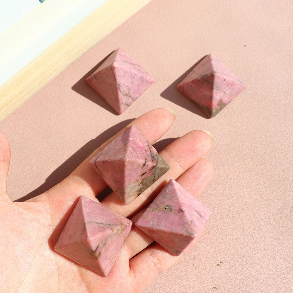 1PC Natural Crystal Stone Rose Pyroxene Crystal Pyramid Rhodonite Magic Point Crystal Tower Ornaments Health Decoration