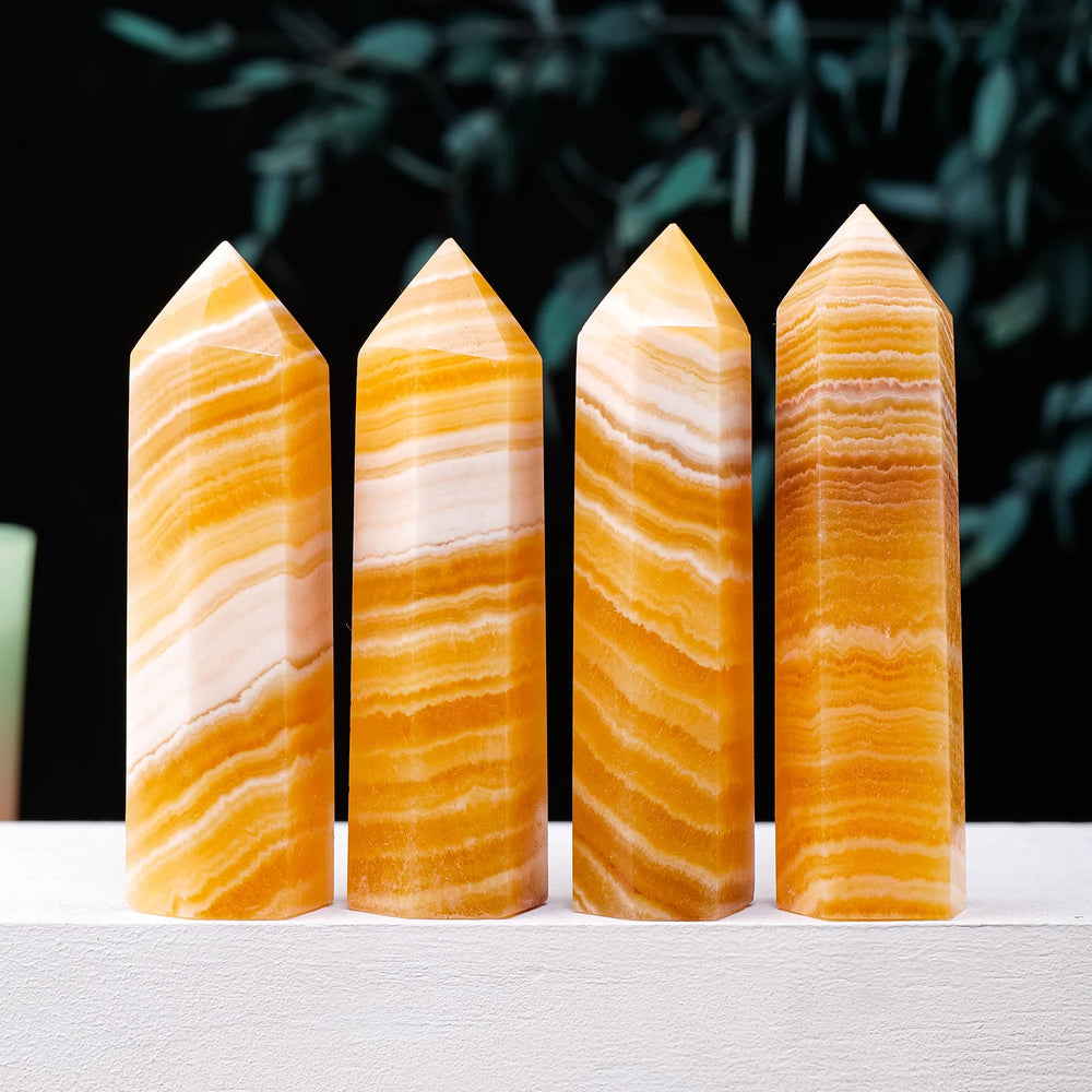 1PC Natural Crystal Tower Yellow Calcite Four-sides Point Healing Quartz Magic Wand Room Decoration