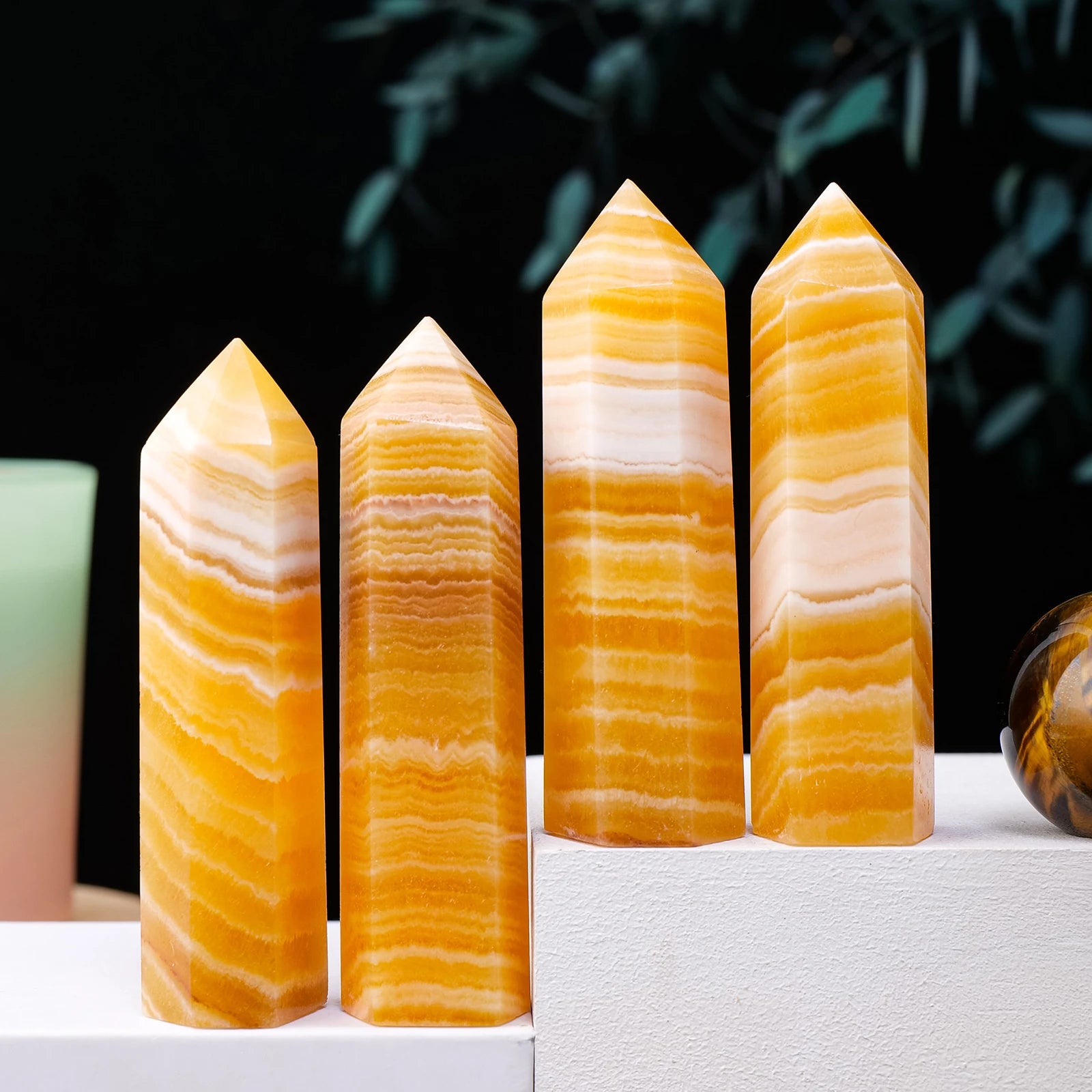 1PC Natural Crystal Tower Yellow Calcite Four-sides Point Healing Quartz Magic Wand Room Decoration