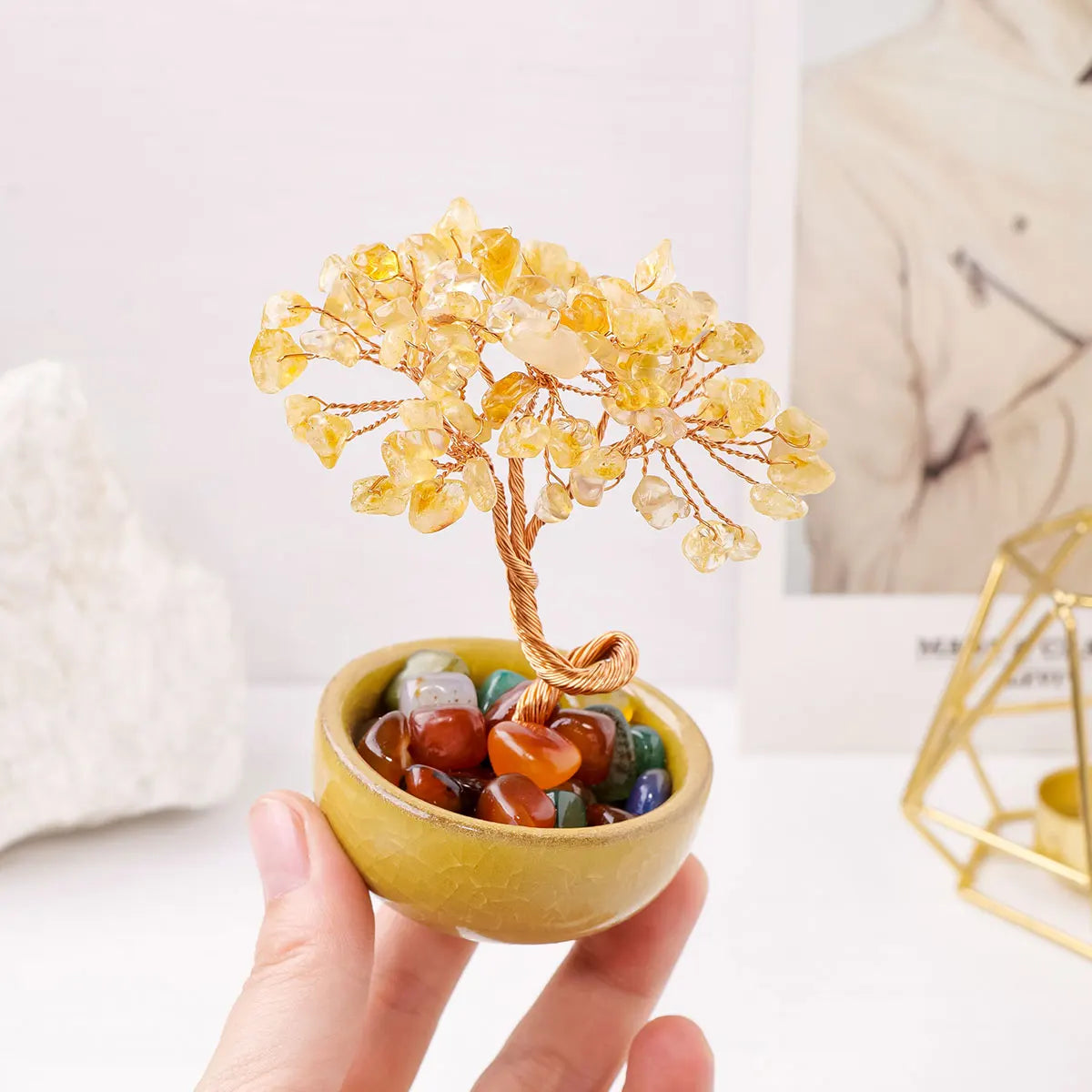 1PC Natural Crystal Tree Energy Stone Citrine Money Tree Copper Wire Wrapped Colorful Teabowl Yoga Feng Shui Trees