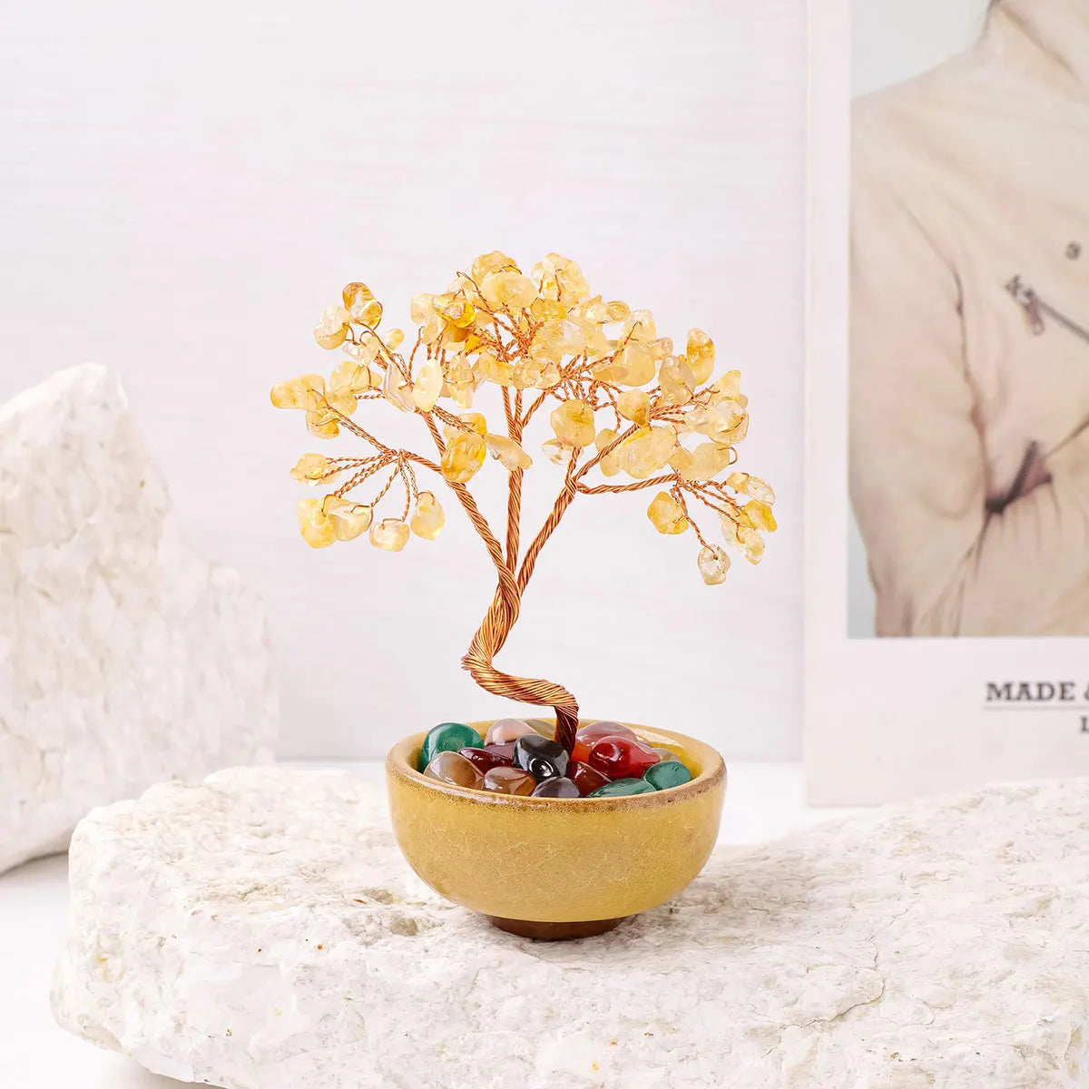 1PC Natural Crystal Tree Energy Stone Citrine Money Tree Copper Wire Wrapped Colorful Teabowl Yoga Feng Shui Trees