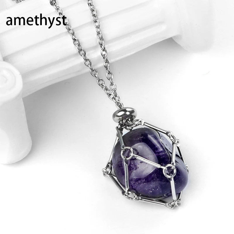 1PC Natural Crystal Tumble Stone Metal Net Pendant DIY Jewelry Fashion Party Gift Valentine Necklace