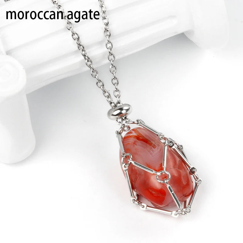 1PC Natural Crystal Tumble Stone Metal Net Pendant DIY Jewelry Fashion Party Gift Valentine Necklace