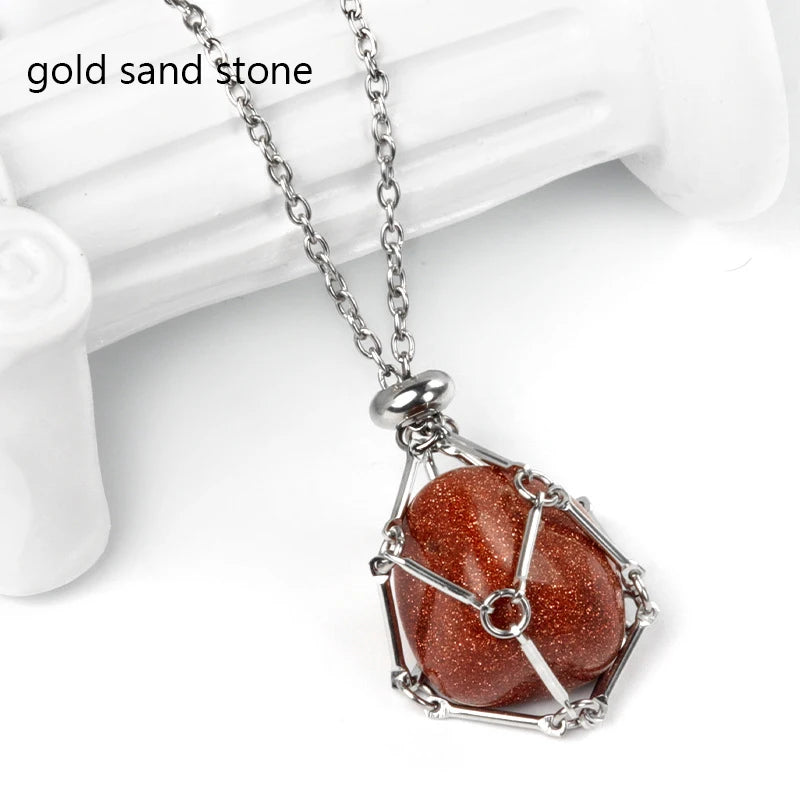 1PC Natural Crystal Tumble Stone Metal Net Pendant DIY Jewelry Fashion Party Gift Valentine Necklace