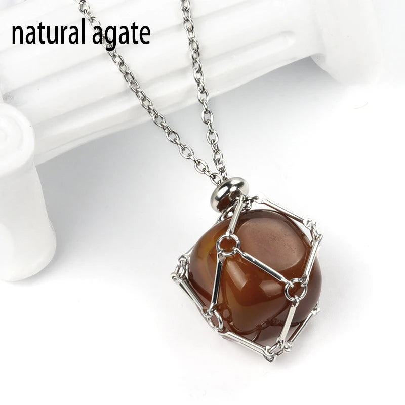 1PC Natural Crystal Tumble Stone Metal Net Pendant DIY Jewelry Fashion Party Gift Valentine Necklace