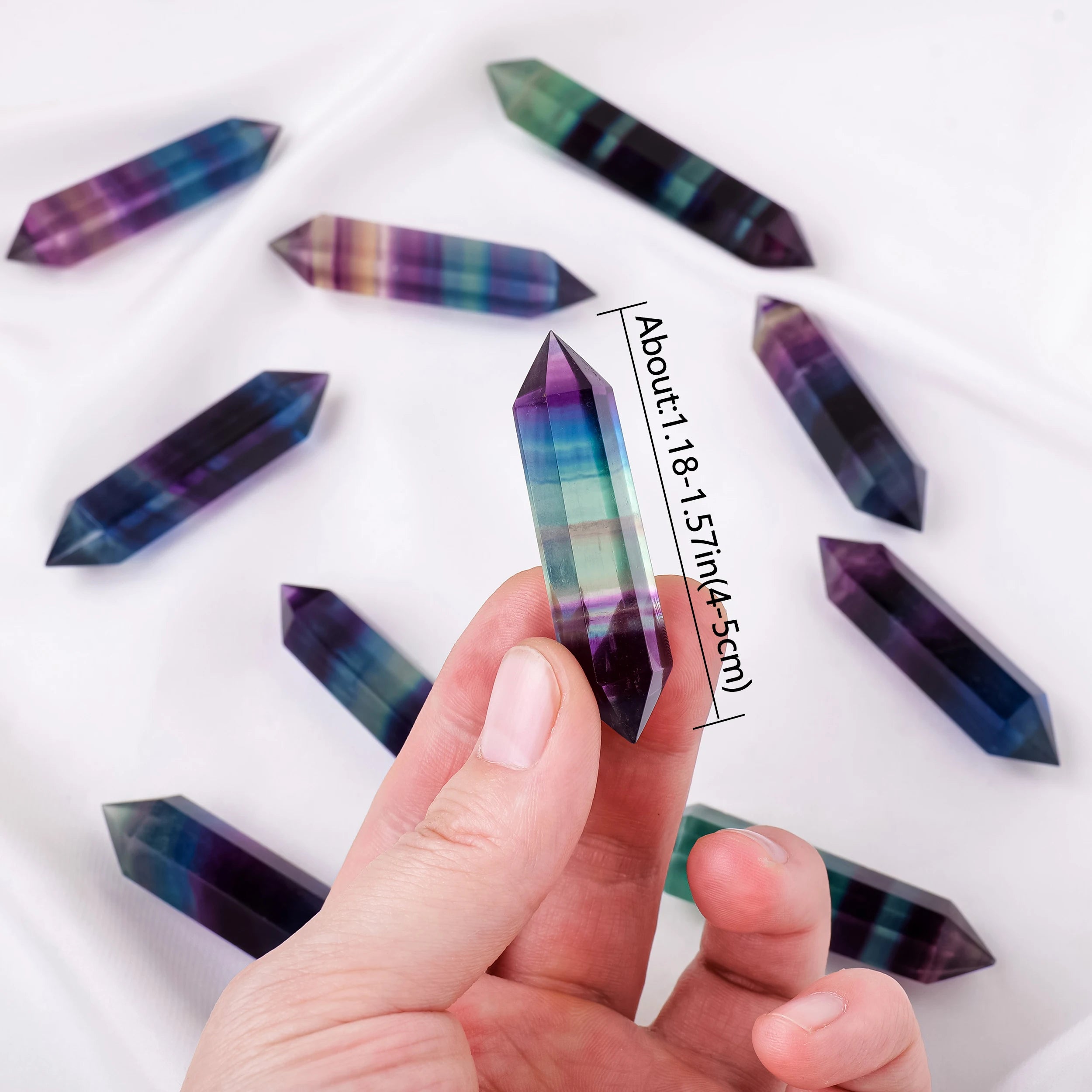 1PC Natural Crystal Wand Rainbow Fluorite Termated Double Crystal Point 6 Healing Obelisk Home Decor