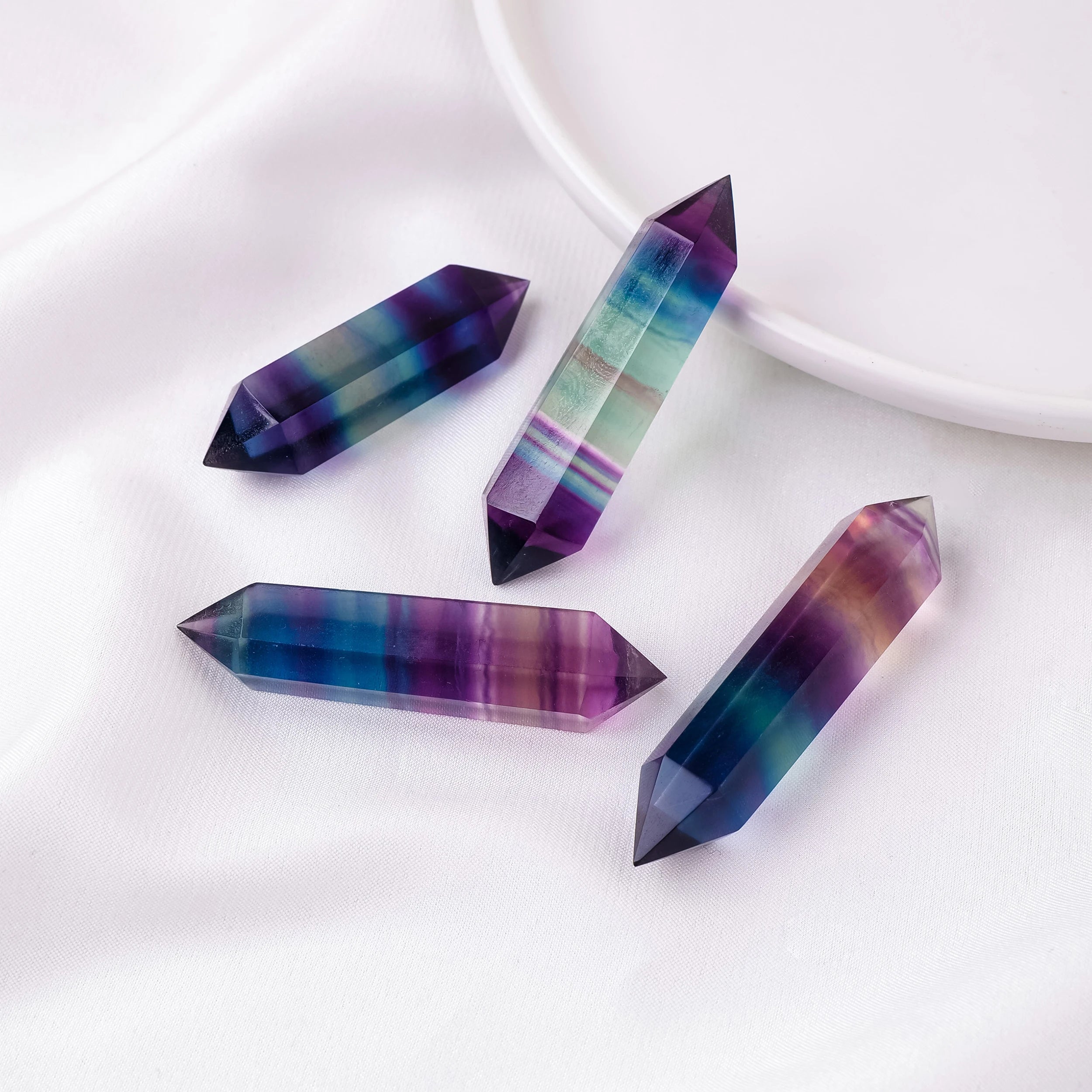 1PC Natural Crystal Wand Rainbow Fluorite Termated Double Crystal Point 6 Healing Obelisk Home Decor