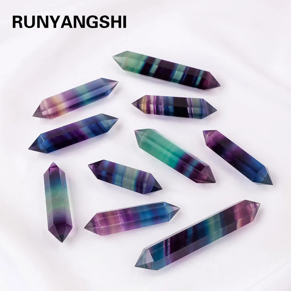 1PC Natural Crystal Wand Rainbow Fluorite Termated Double Crystal Point 6 Healing Obelisk Home Decor