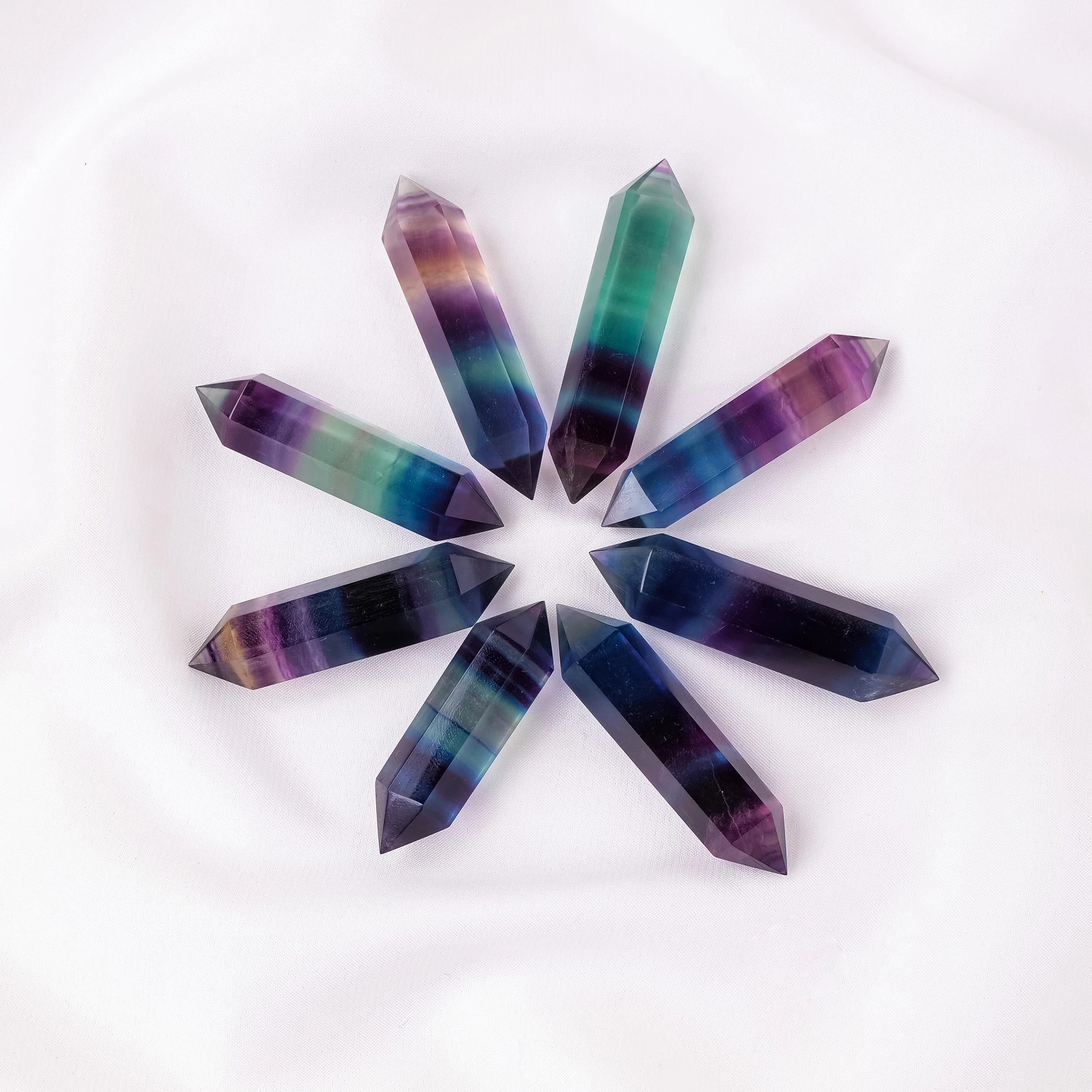 1PC Natural Crystal Wand Rainbow Fluorite Termated Double Crystal Point 6 Healing Obelisk Home Decor