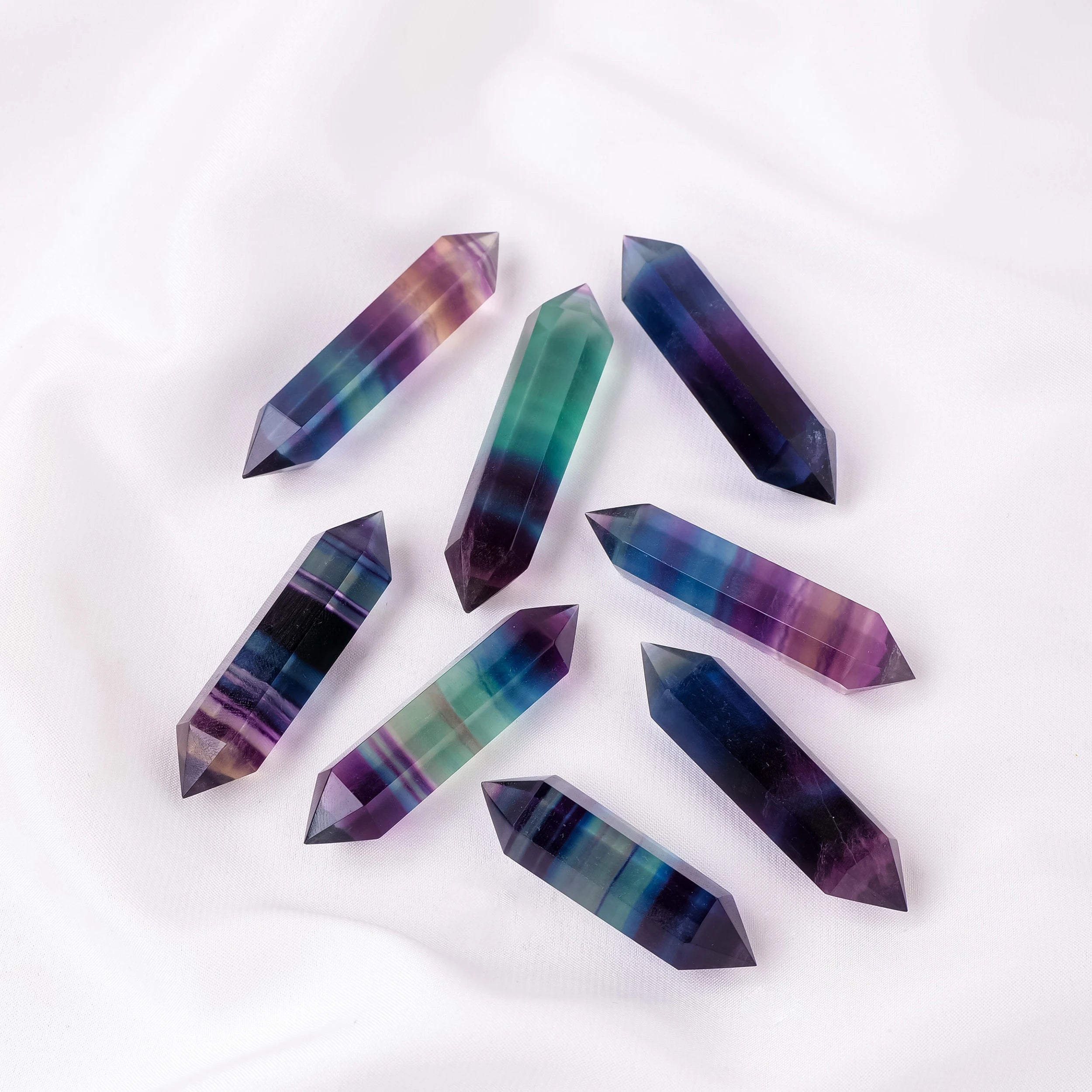 1PC Natural Crystal Wand Rainbow Fluorite Termated Double Crystal Point 6 Healing Obelisk Home Decor