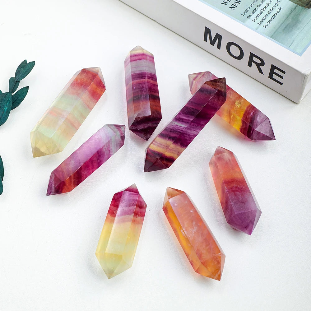 1PC Natural Crystal Wand Watermelon Fluorite Termated Double Crystal Point 6 Healing Obelisk Home Decor