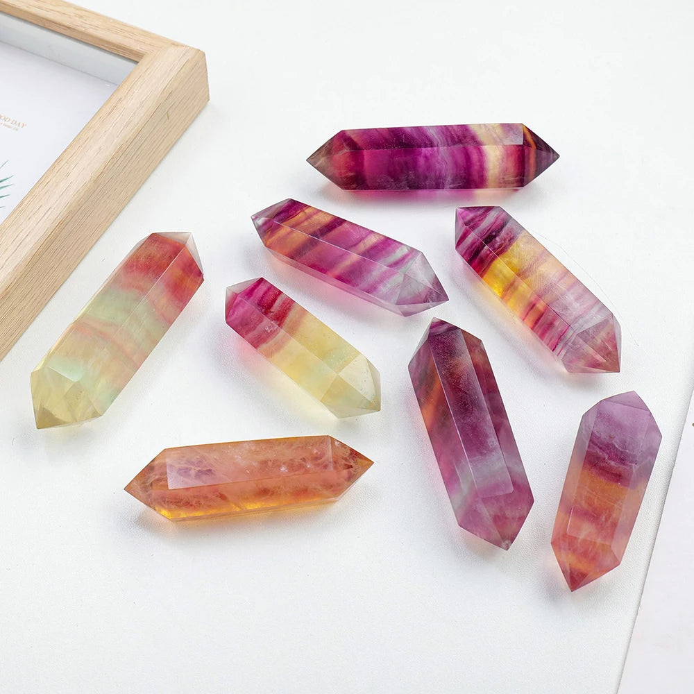 1PC Natural Crystal Wand Watermelon Fluorite Termated Double Crystal Point 6 Healing Obelisk Home Decor