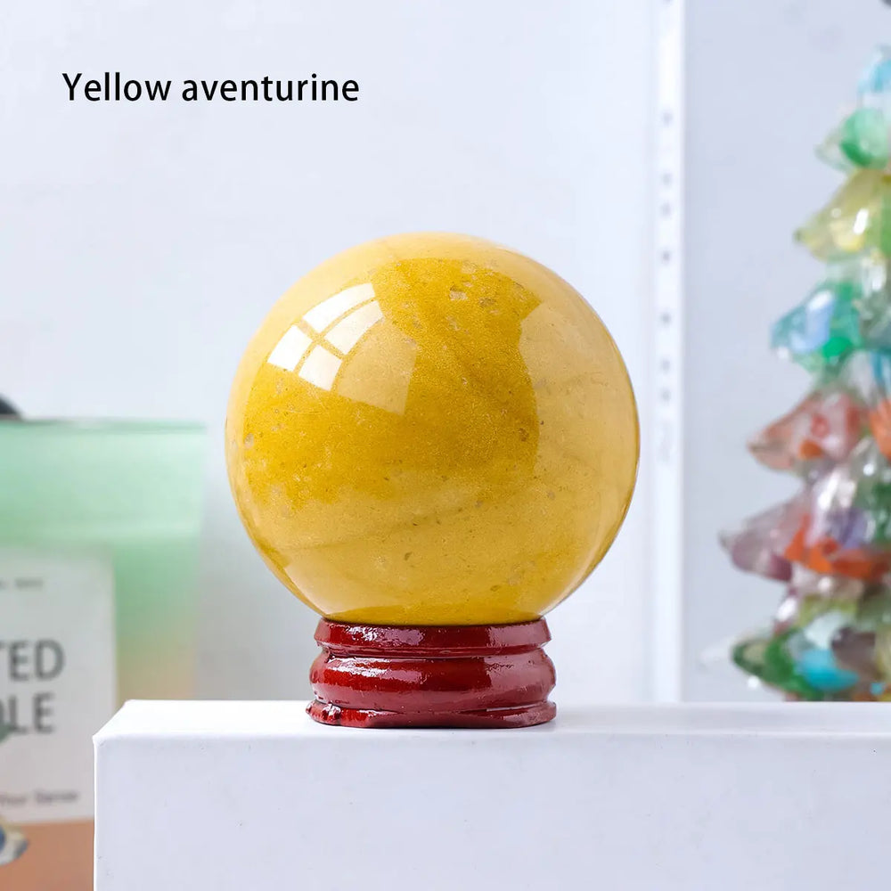 1PC Natural Crystal Yellow Aventurine Quartz Ball Healing Crystals Sphere with Decorative Wooden Stand Fengshui Ornaments