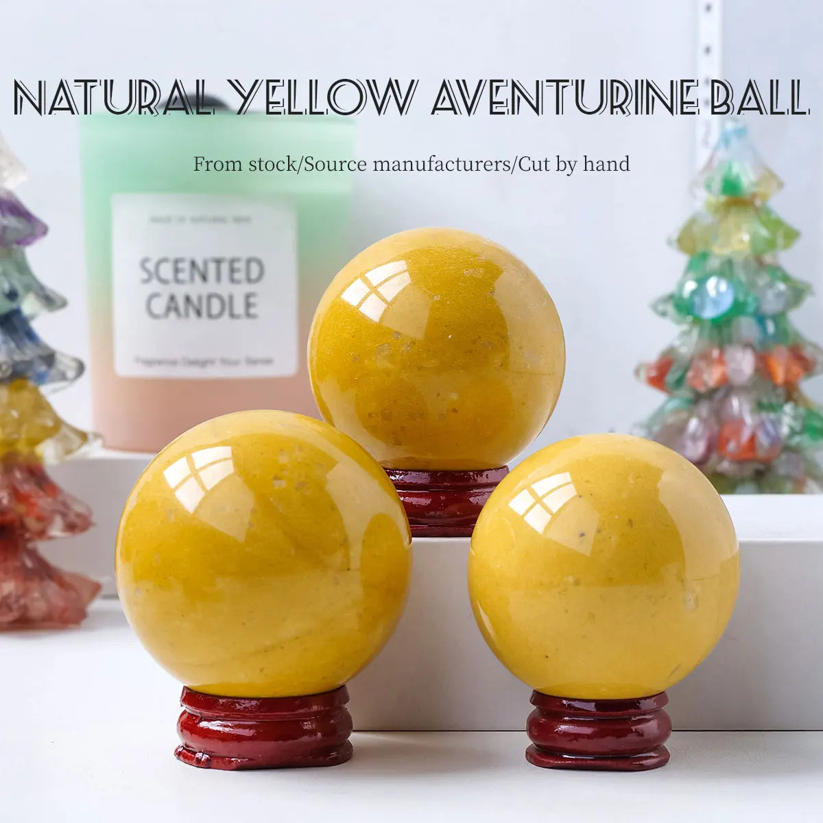 1PC Natural Crystal Yellow Aventurine Quartz Ball Healing Crystals Sphere with Decorative Wooden Stand Fengshui Ornaments