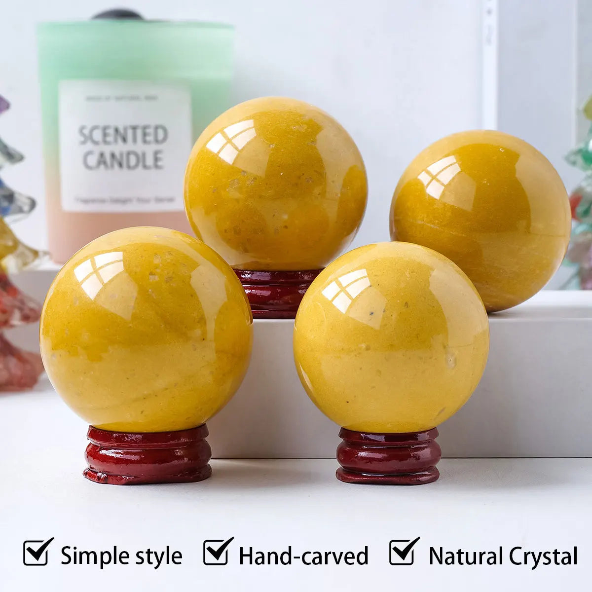 1PC Natural Crystal Yellow Aventurine Quartz Ball Healing Crystals Sphere with Decorative Wooden Stand Fengshui Ornaments