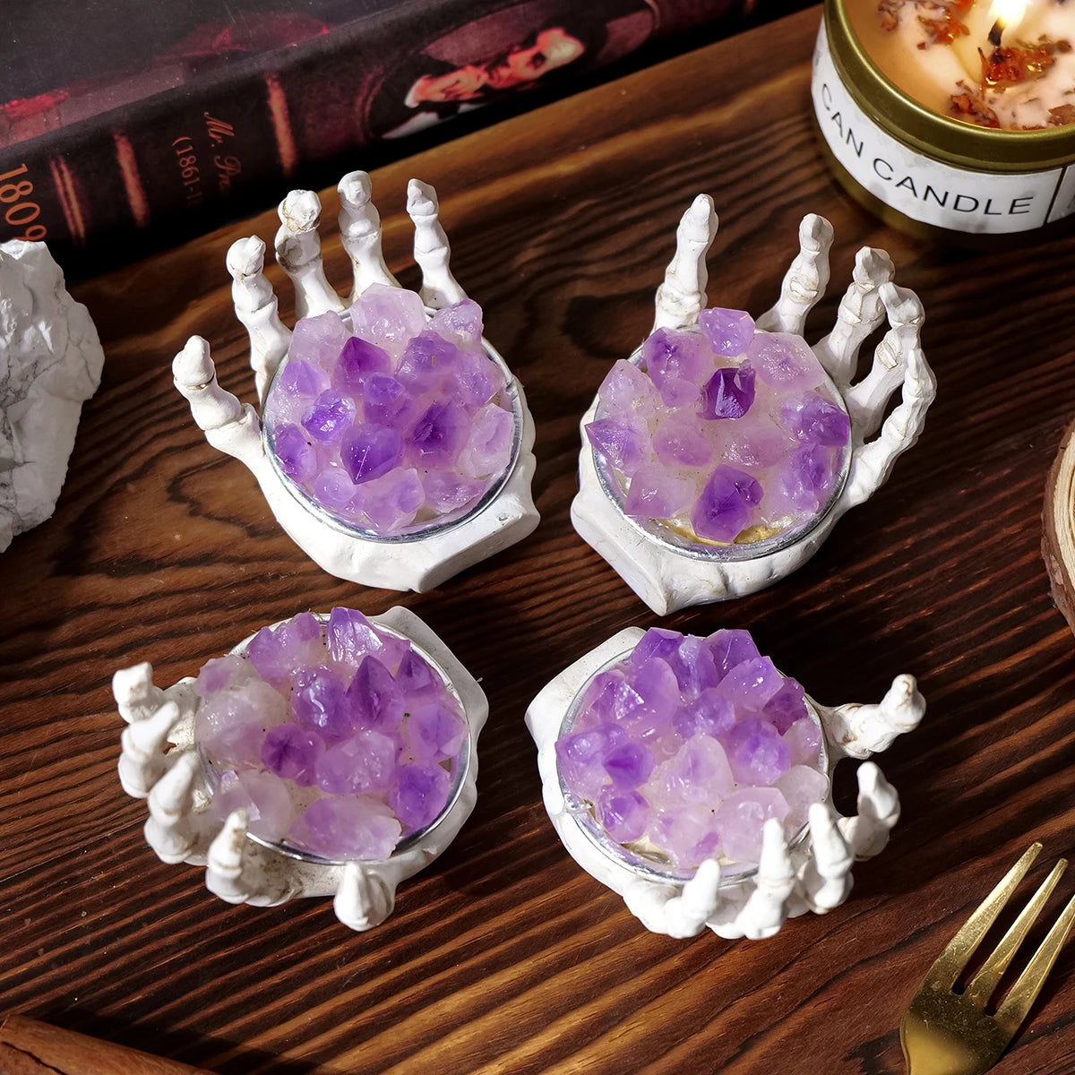 1PC Natural Crystals Healing Stones Amethyst Tooth Flower Skull Hand Crystal Feng Shui Ornament Home Decoration Halloween Gift