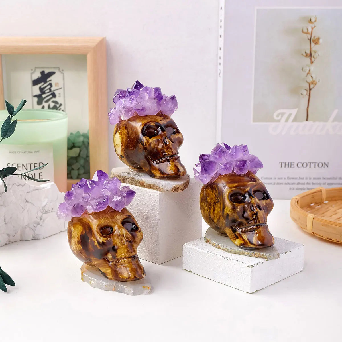 1PC Natural Crystals Healing Stones Amethyst Tooth Flower Skull Hand Crystal Feng Shui Ornament Home Decoration  Halloween Gift