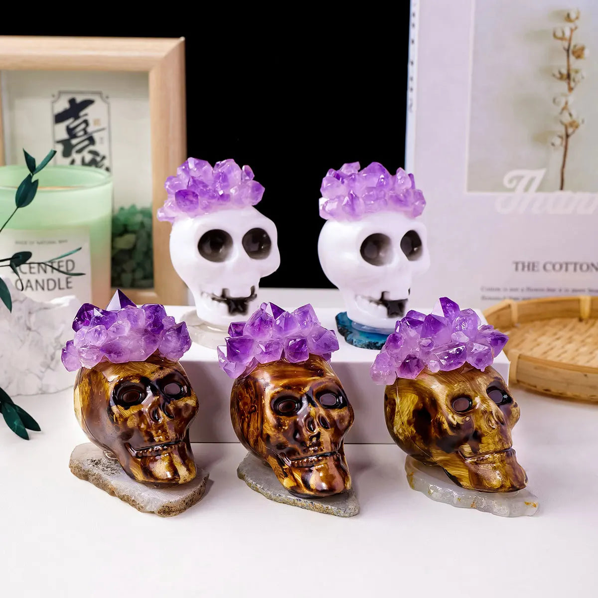 1PC Natural Crystals Healing Stones Amethyst Tooth Flower Skull Hand Crystal Feng Shui Ornament Home Decoration  Halloween Gift