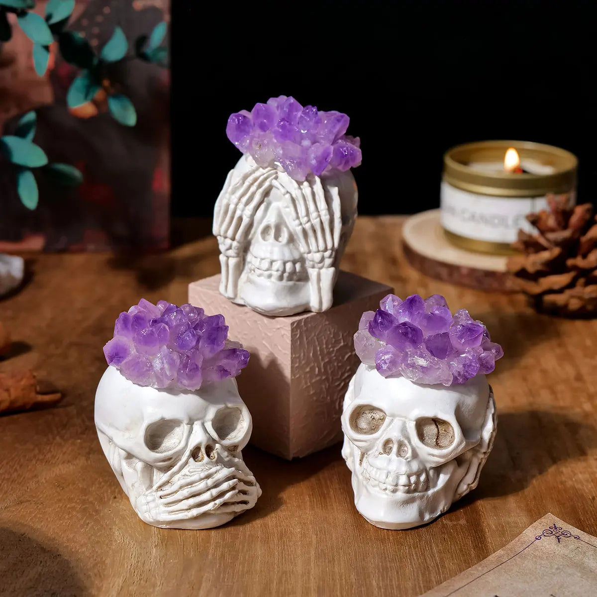 1PC Natural Crystals Healing Stones Amethyst Tooth Flower Skull Hand Crystal Feng Shui Ornament Home Decoration  Halloween Gift