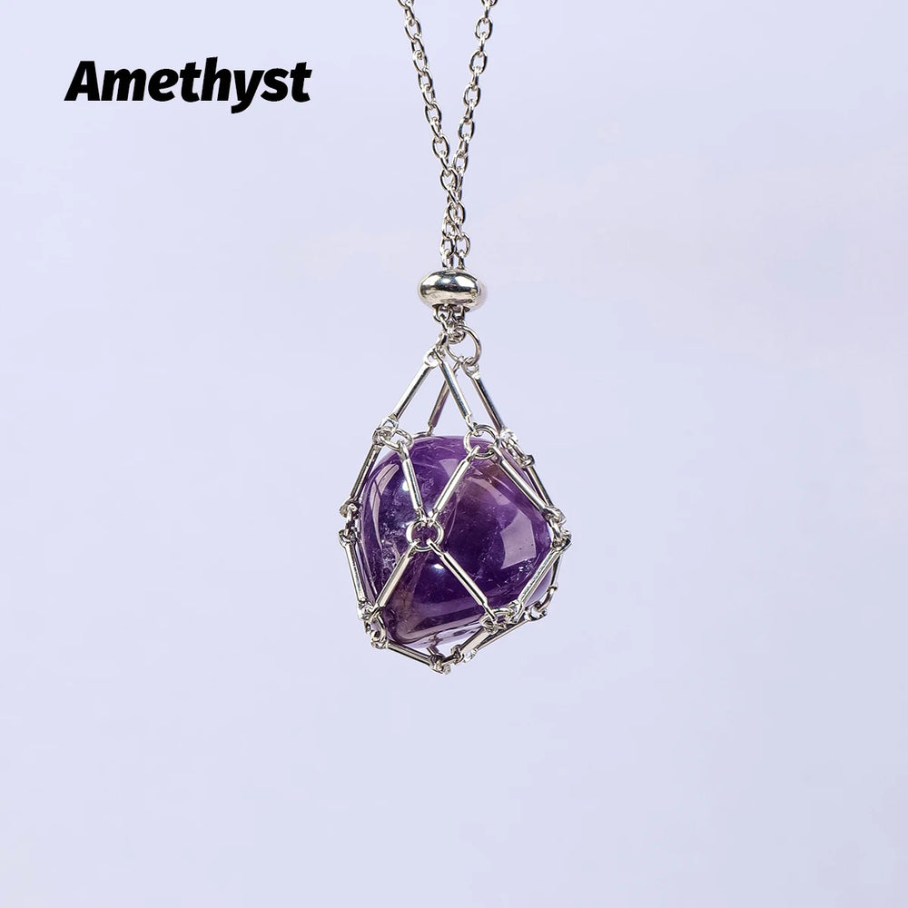 1PC Natural Crystals Stone Pendant Net Bag Adjust Amethyst Rose Quartz Polished Gemstone Charms for Jewelry Making DIY Necklace