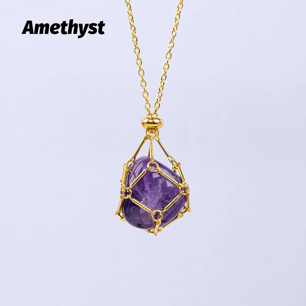 1PC Natural Crystals Stone Pendant Net Bag Adjust Amethyst Rose Quartz Polished Gemstone Charms for Jewelry Making DIY Necklace