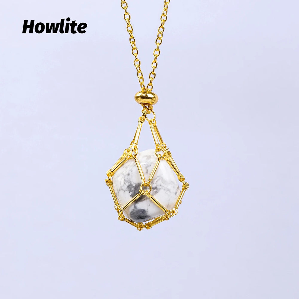 1PC Natural Crystals Stone Pendant Net Bag Adjust Amethyst Rose Quartz Polished Gemstone Charms for Jewelry Making DIY Necklace