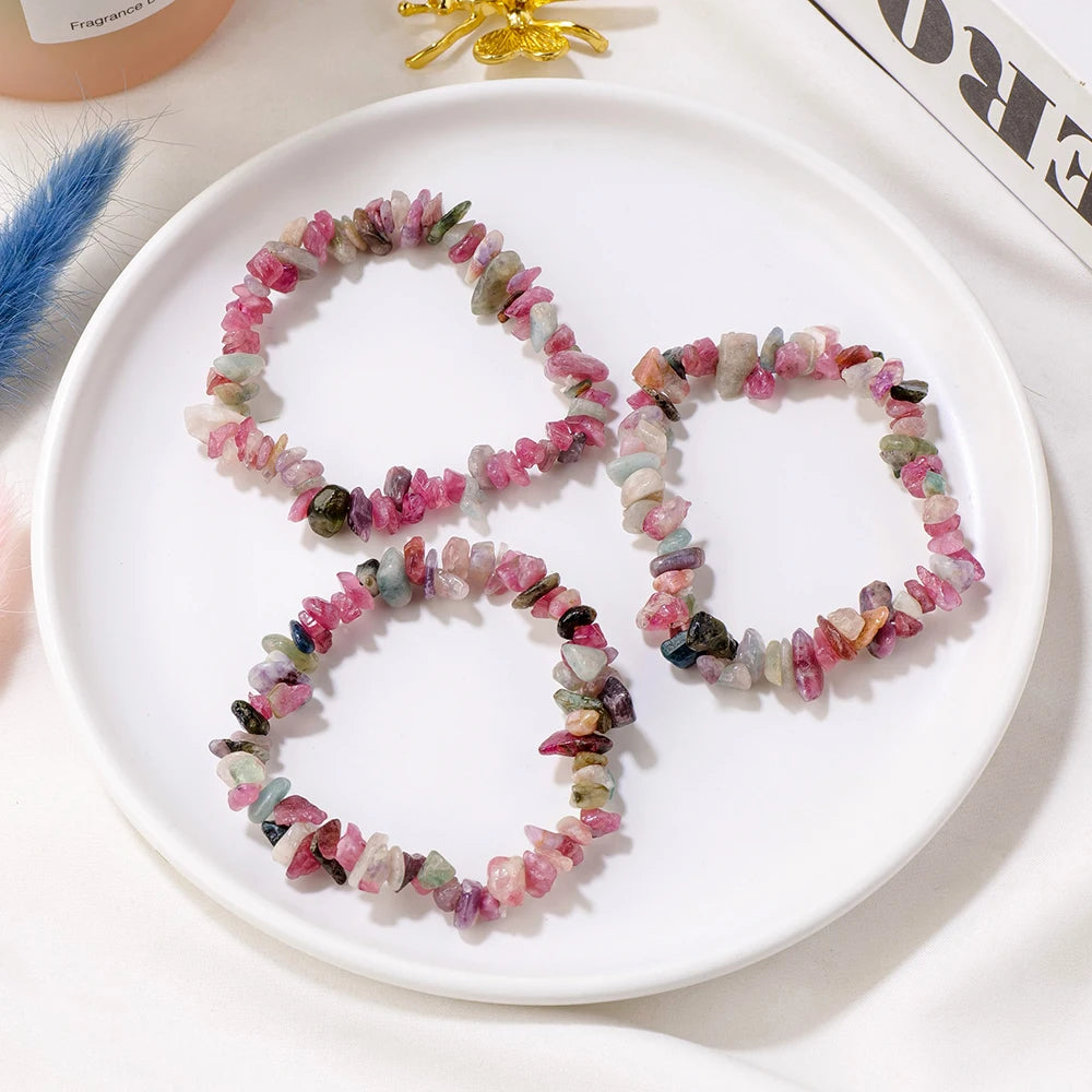 1PC Natural Gem Stone Bracelet Coloured Tourmaline Crystal Stretch Chip beads Nuggets Bracelets Bangles Quartz Wristband