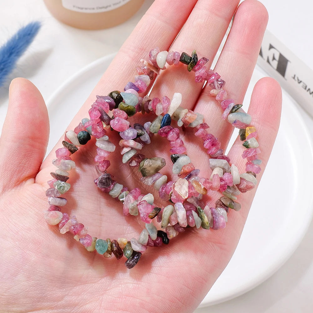 1PC Natural Gem Stone Bracelet Coloured Tourmaline Crystal Stretch Chip beads Nuggets Bracelets Bangles Quartz Wristband