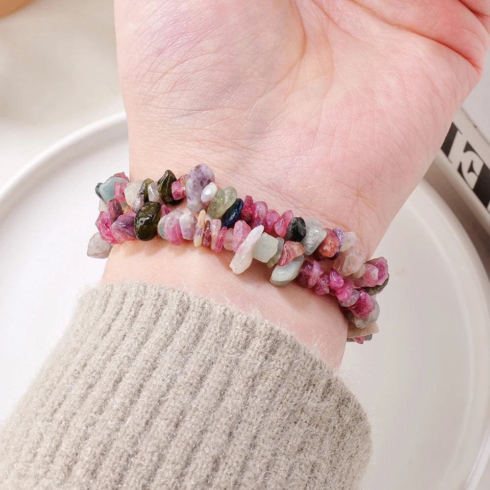 1PC Natural Gem Stone Bracelet Coloured Tourmaline Crystal Stretch Chip beads Nuggets Bracelets Bangles Quartz Wristband