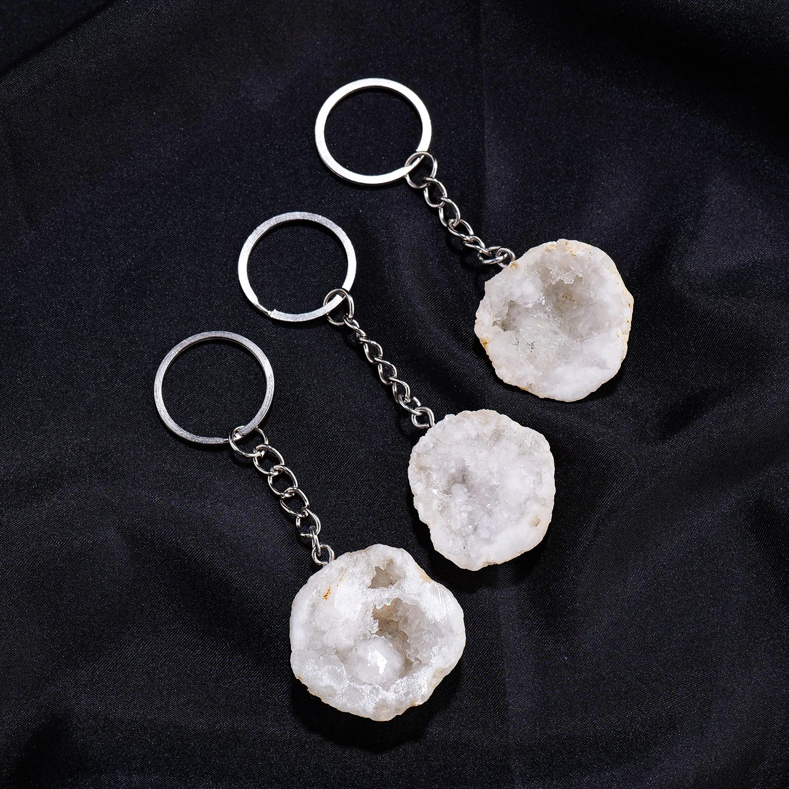 1PC Natural Gem Stone Keychains Clear Quartz Cluster White Agate Cave Key Chain For DIY Car Key Rings Chains