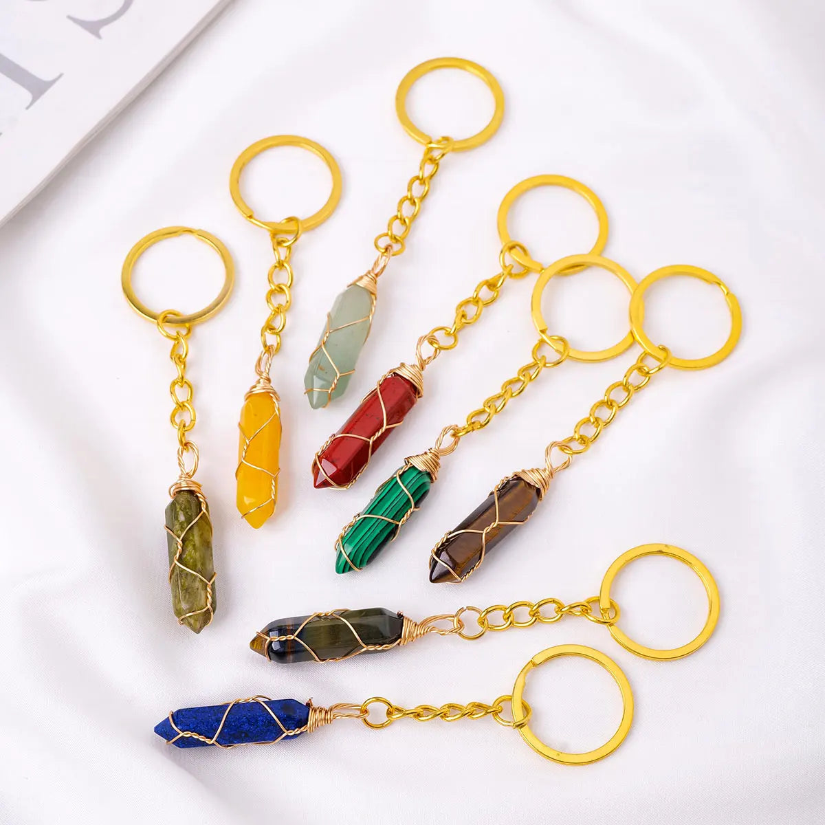 1PC Natural Gem Stone Keychains Clear Quartz  Double Point Amethyst Key Chain For DIY Car Key Rings Chains