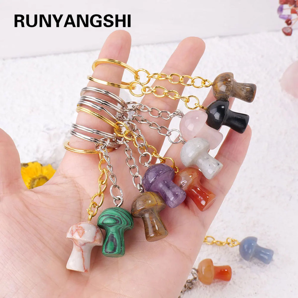 1PC Natural Gem Stone Keychains Clear Quartz Mushroom Amethyst Key Chain For DIY Car Key Rings Chains