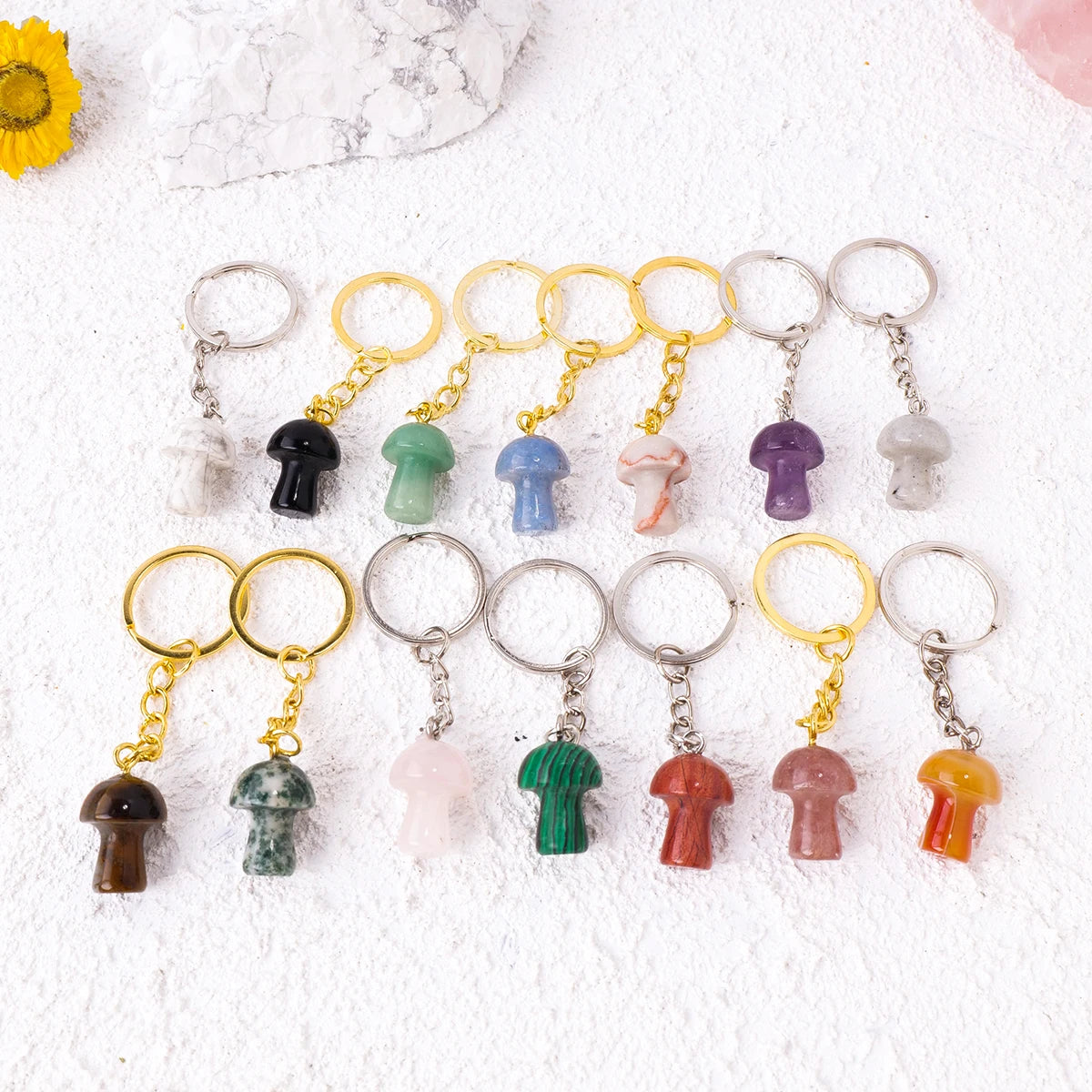 1PC Natural Gem Stone Keychains Clear Quartz Mushroom Amethyst Key Chain For DIY Car Key Rings Chains