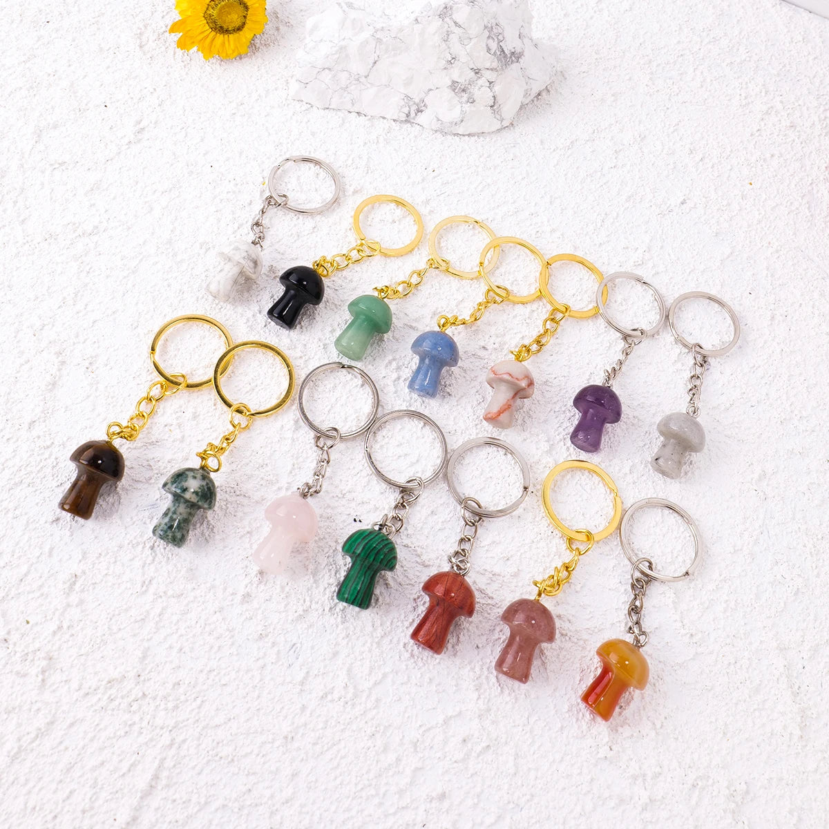 1PC Natural Gem Stone Keychains Clear Quartz Mushroom Amethyst Key Chain For DIY Car Key Rings Chains