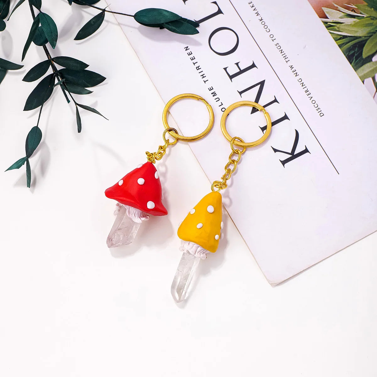 1PC Natural Gem Stone Keychains Clear Quartz Point Mushroom Key Chain For DIY Car Key Rings Chains