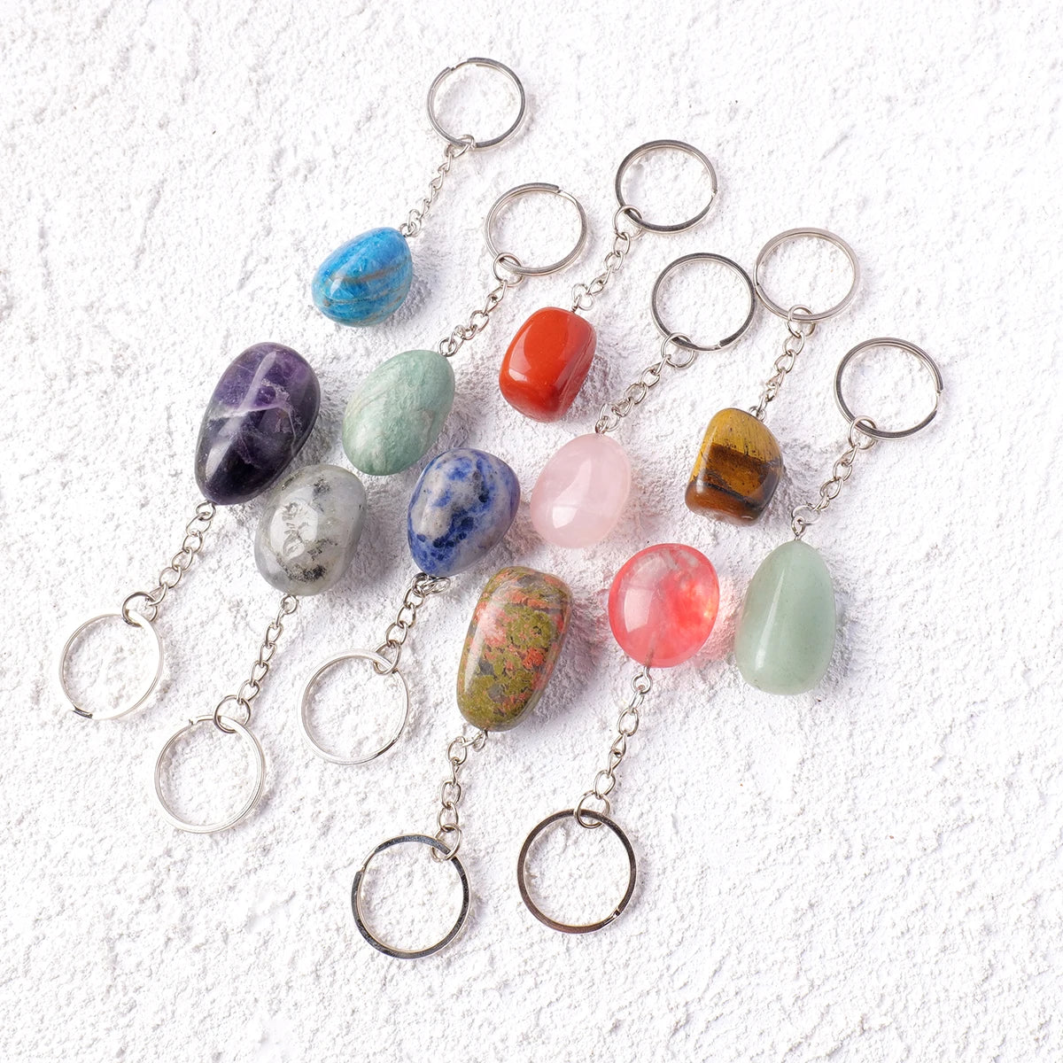 1PC Natural Gem Stone Keychains Clear Quartz Rolling Stones Amethyst Key Chain For DIY Car Key Rings Chains