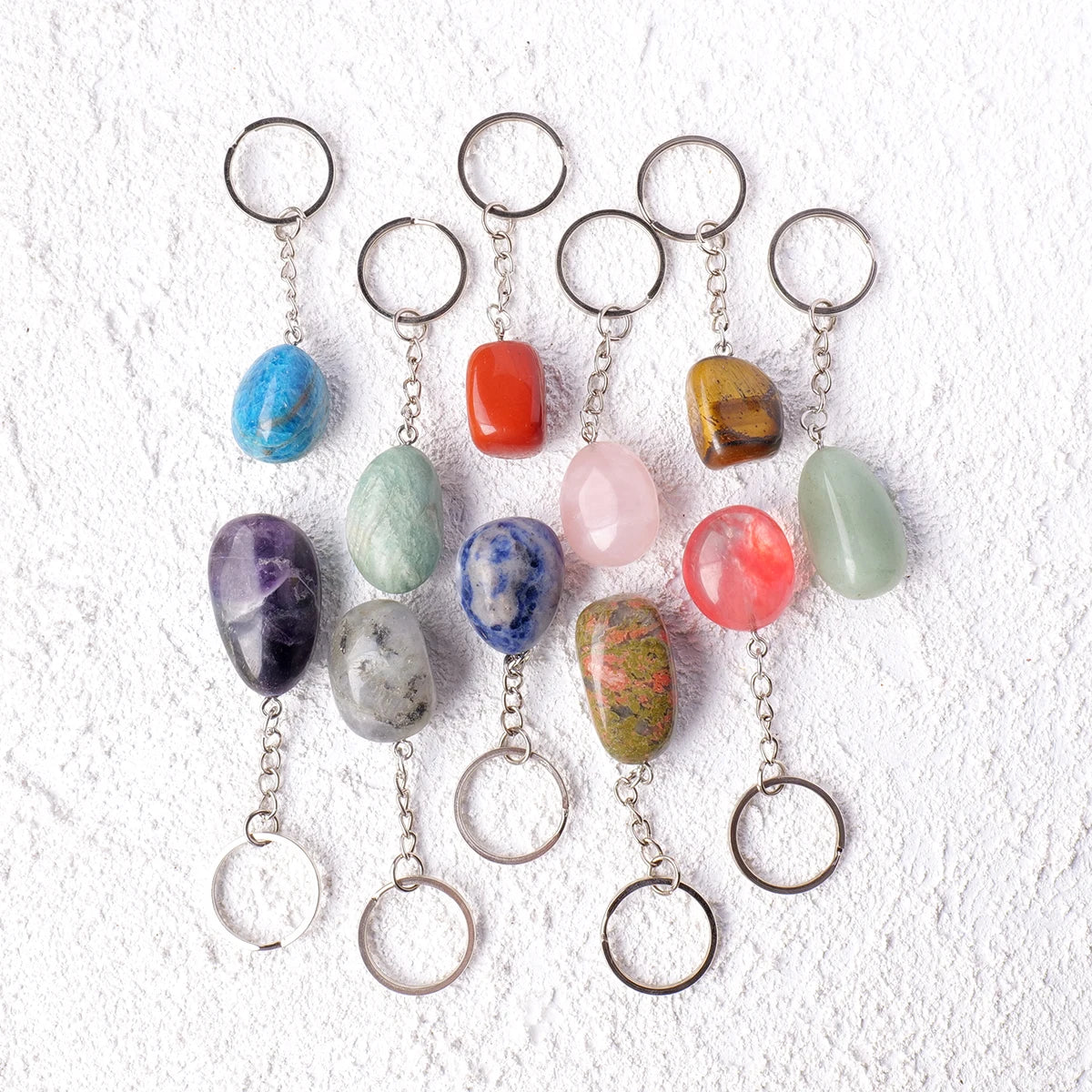 1PC Natural Gem Stone Keychains Clear Quartz Rolling Stones Amethyst Key Chain For DIY Car Key Rings Chains