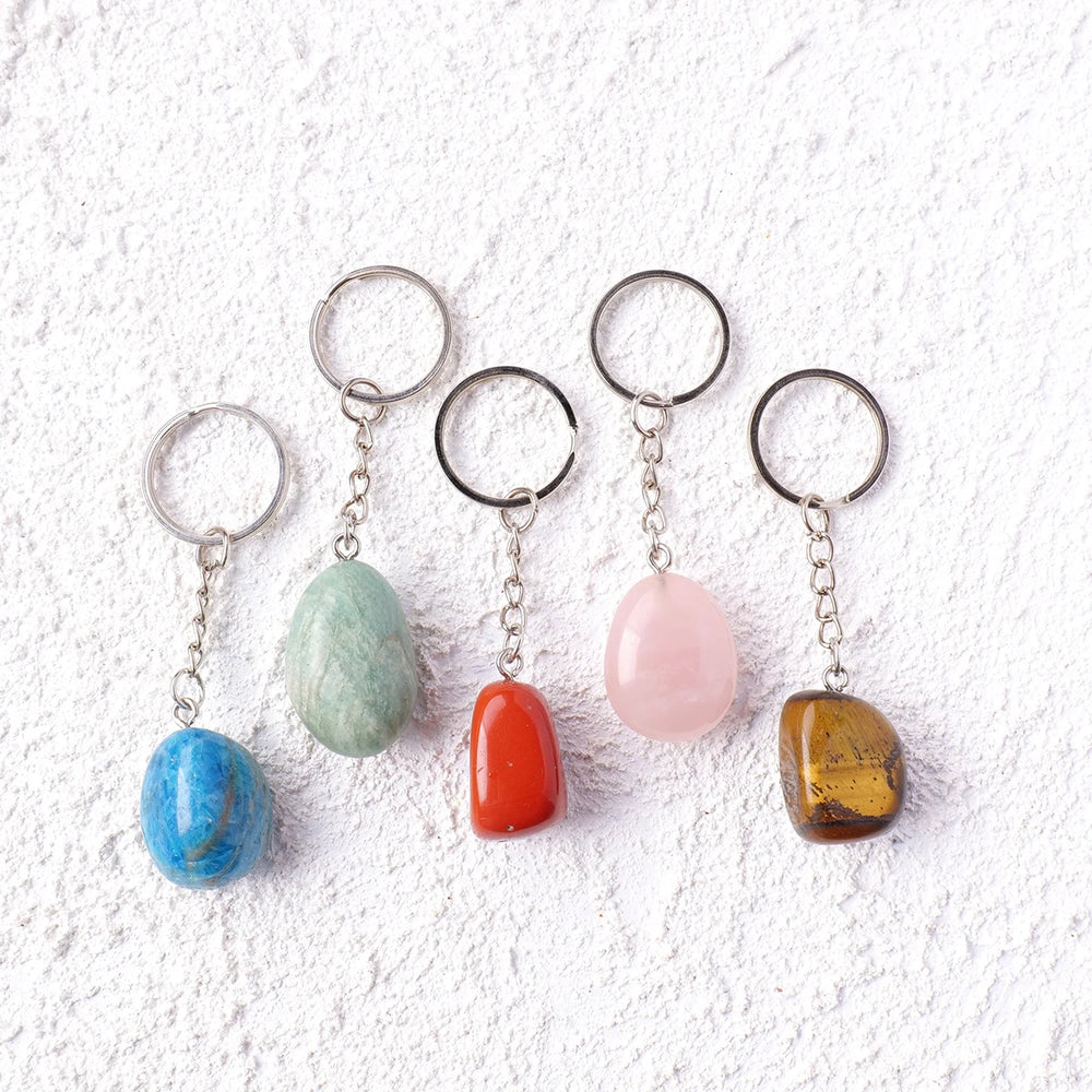 1PC Natural Gem Stone Keychains Clear Quartz Rolling Stones Amethyst Key Chain For DIY Car Key Rings Chains