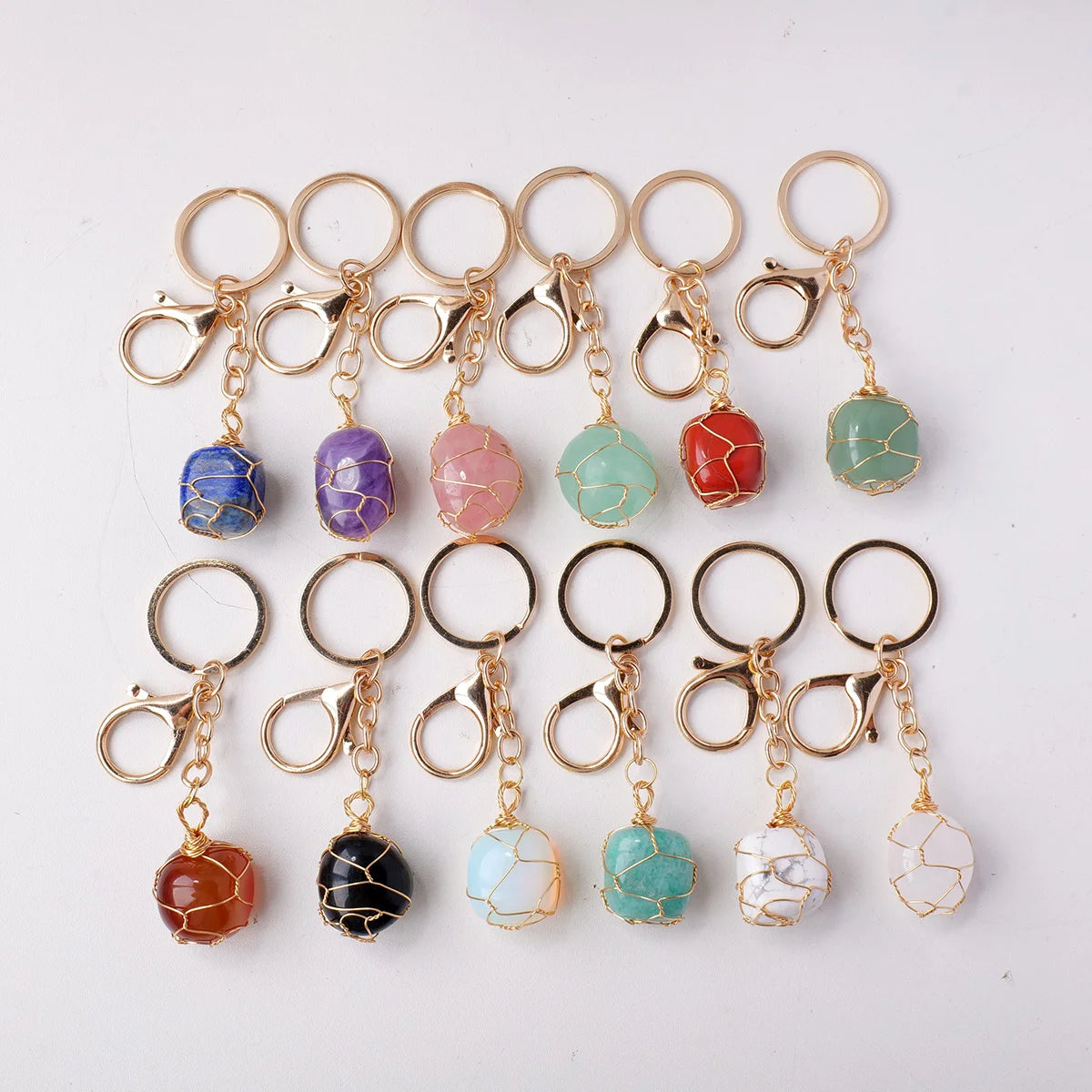 1PC Natural Gem Stone Keychains Clear Quartz Rolling Stones Amethyst Key Chain For DIY Car Key Rings Chains