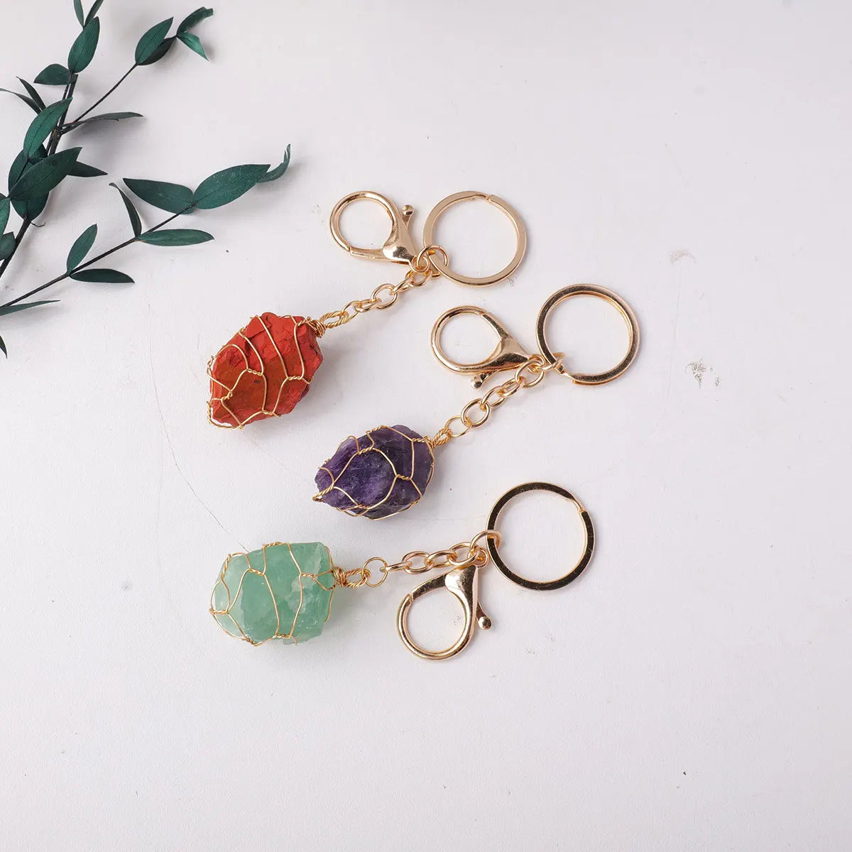 1PC Natural Gem Stone Keychains Clear Quartz Rough Stone Amethyst Key Chain For DIY Car Key Rings Chains