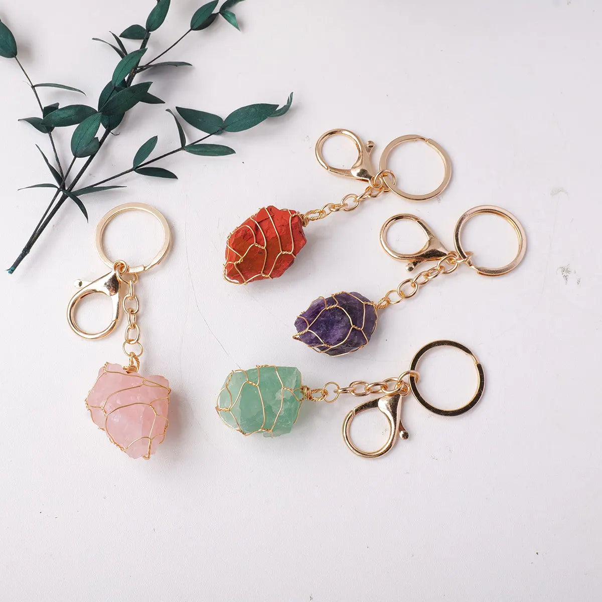 1PC Natural Gem Stone Keychains Clear Quartz Rough Stone Amethyst Key Chain For DIY Car Key Rings Chains