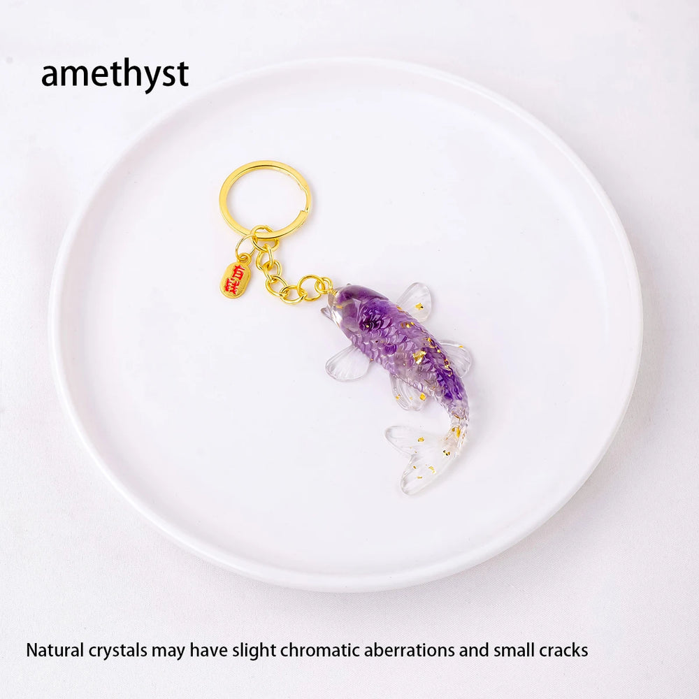 1PC Natural Gem Stone Keychains Dropper Resin Fish Amethyst Key Chain For DIY Car Key Rings Chains